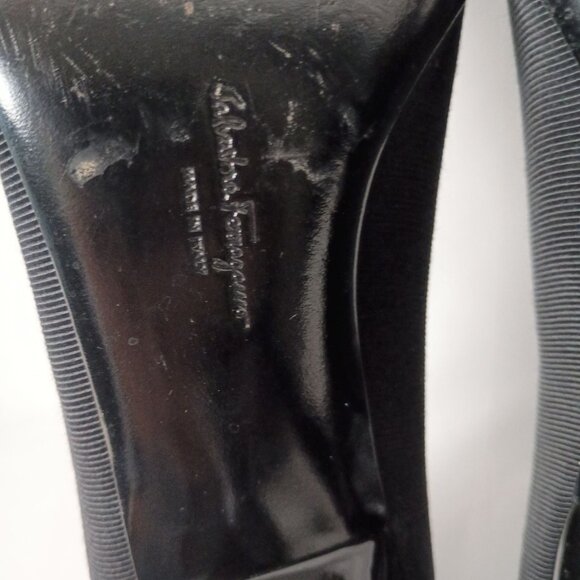 Vintage Ferragamo Black Grosgrain Ribbon Fabric Pumps Women 9.5 AA Bow Heels - Picture 4 of 11